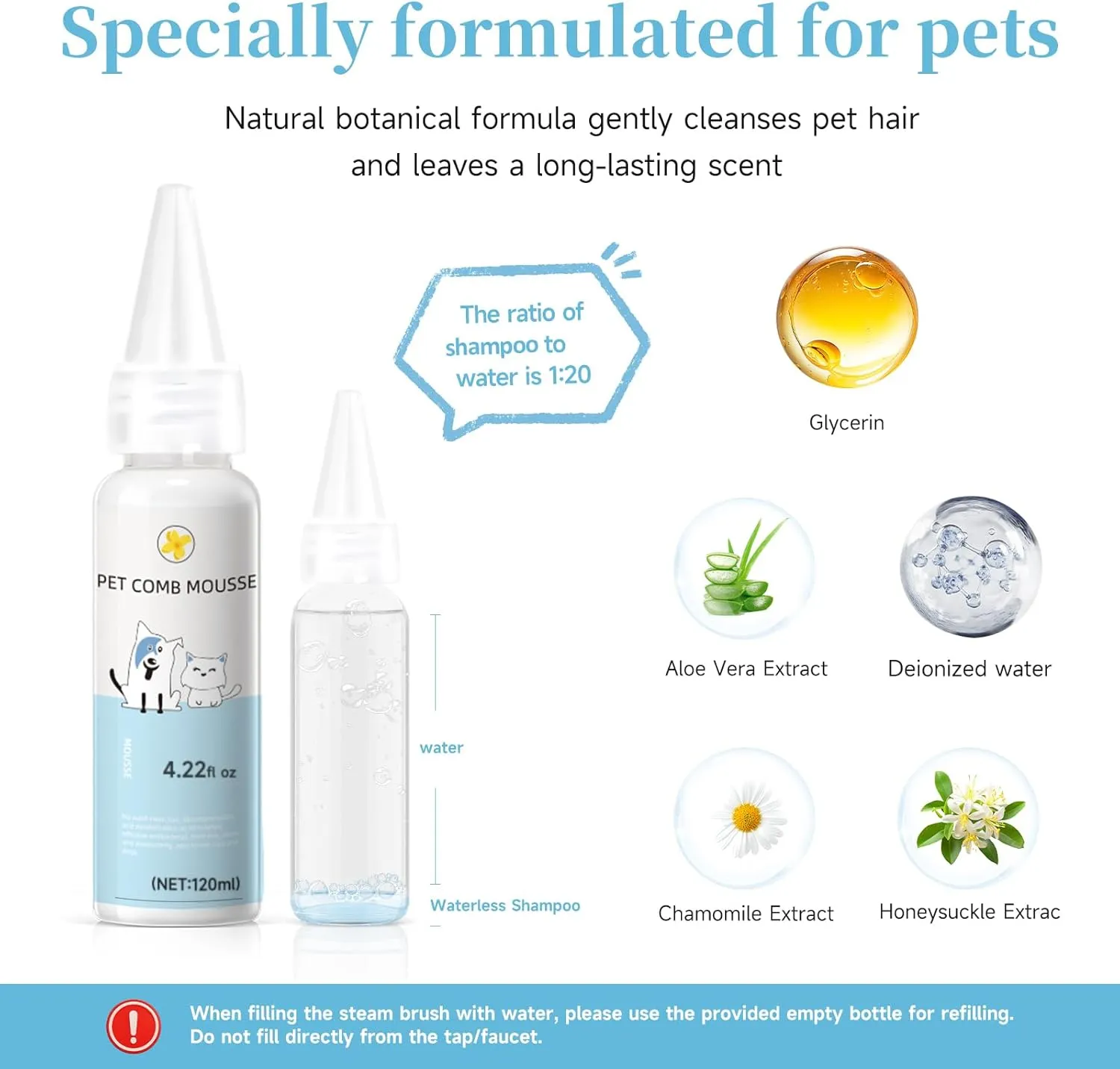 Pet Steam Brush for Dog & Cat  3-in-1 Spray Hair Removal Comb for Shedding & Grooming  Water Brush for Long & Short Haired Pets  Includes Waterless Shampoo & Dental Wipes
