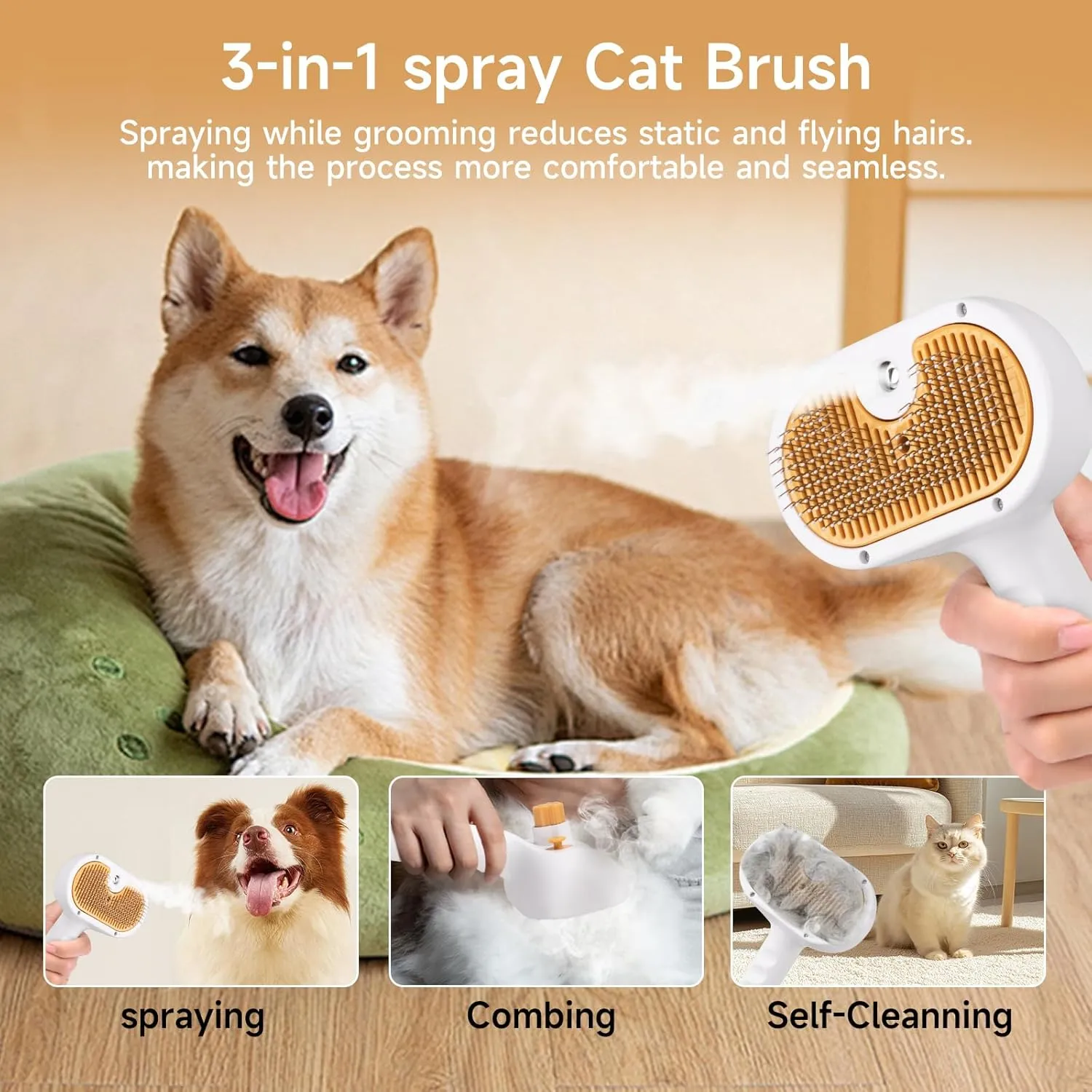 Pet Steam Brush for Dog & Cat  3-in-1 Spray Hair Removal Comb for Shedding & Grooming  Water Brush for Long & Short Haired Pets  Includes Waterless Shampoo & Dental Wipes