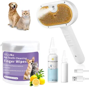 Pet Steam Brush for Dog & Cat  3-in-1 Spray Hair Removal Comb for Shedding & Grooming  Water Brush for Long & Short Haired Pets  Includes Waterless Shampoo & Dental Wipes