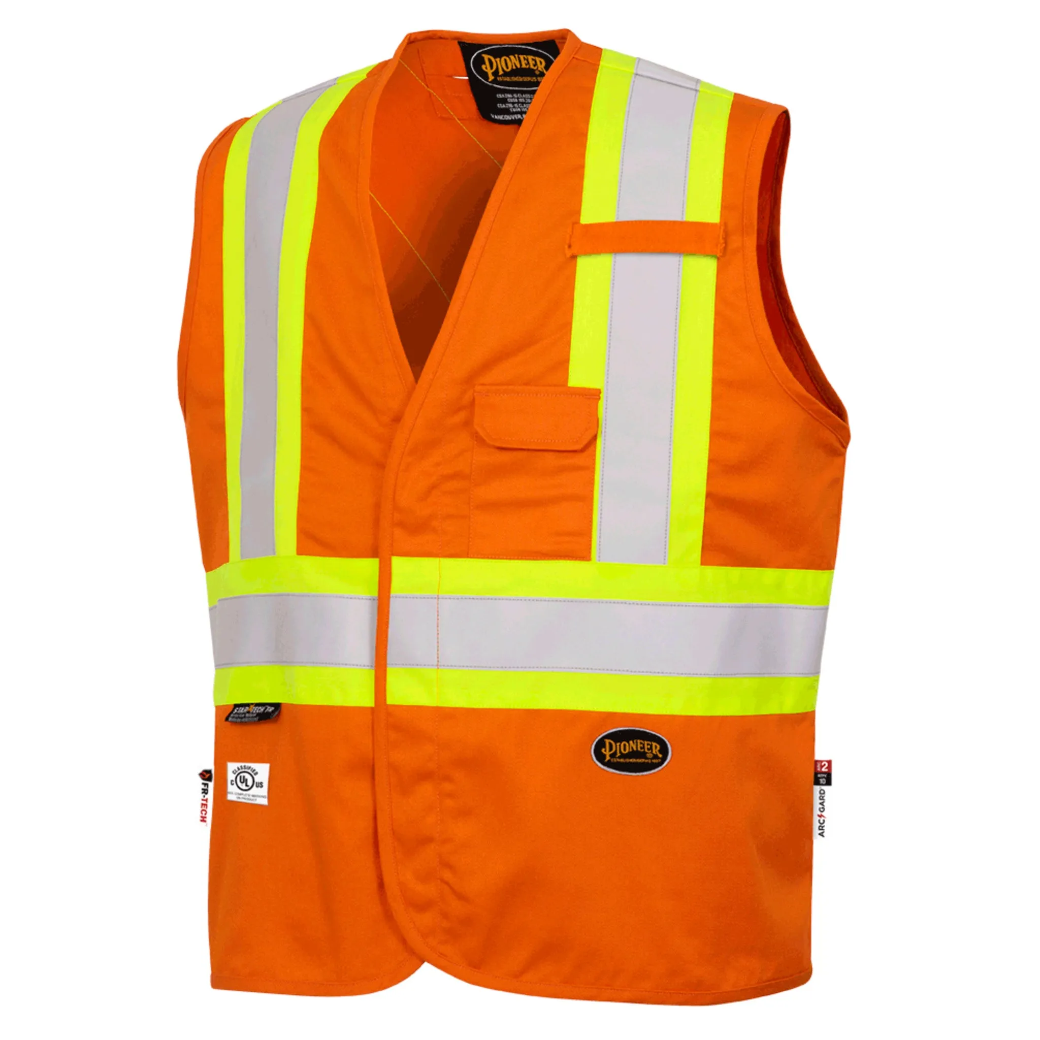 Pioneer Men's Hi Vis FR-Tech Safety Vest, CSA Z96-15, Flame Resistant, 88% Cotton/12% Nylon, Reflective Tape, 7 oz, Durable | Sizes S-4XL