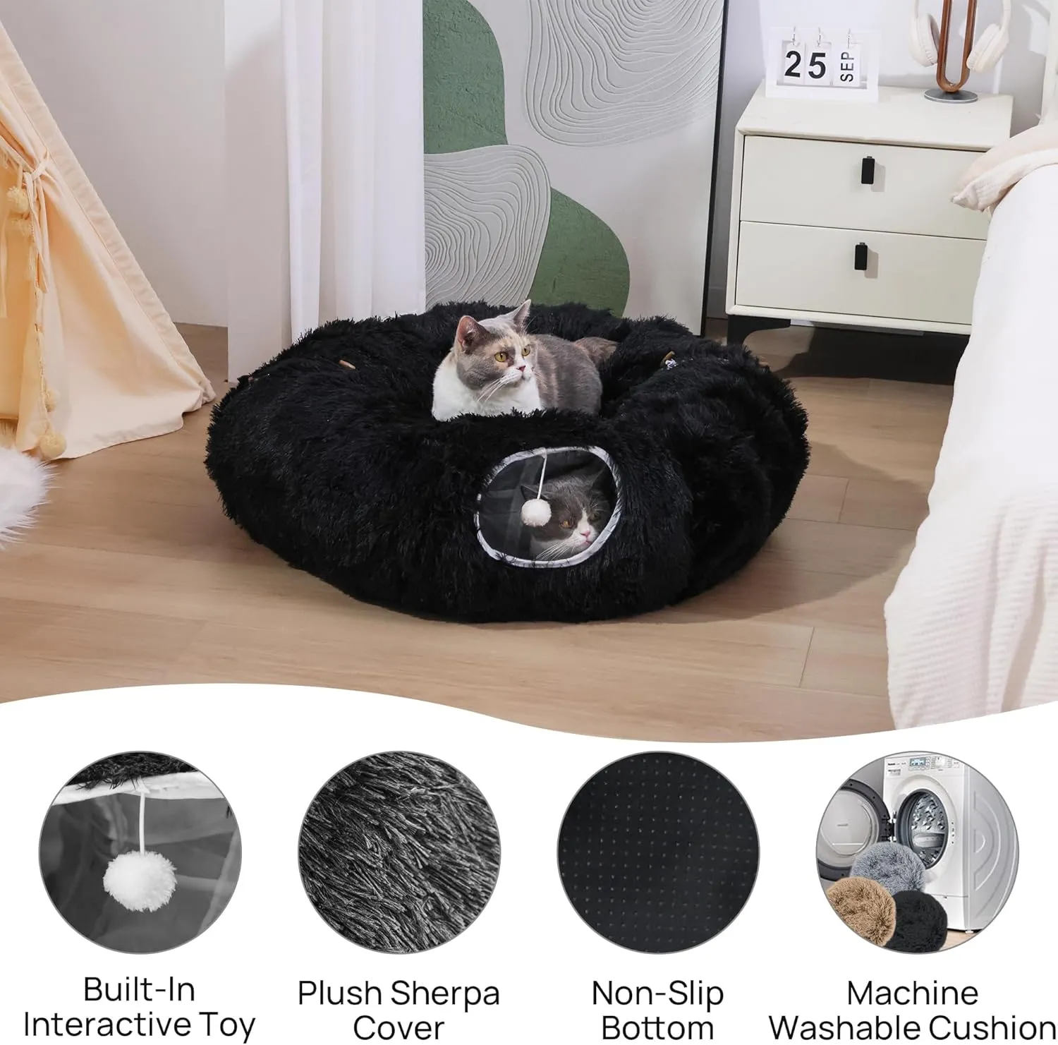 Plush Cat Tunnel Bed for Indoor Cats with Soft Cushion, Multi-Shape Play Cave with Hanging Balls, Large and Foldable Cat Donut Tunnel for Small and Large Pets (Black)
