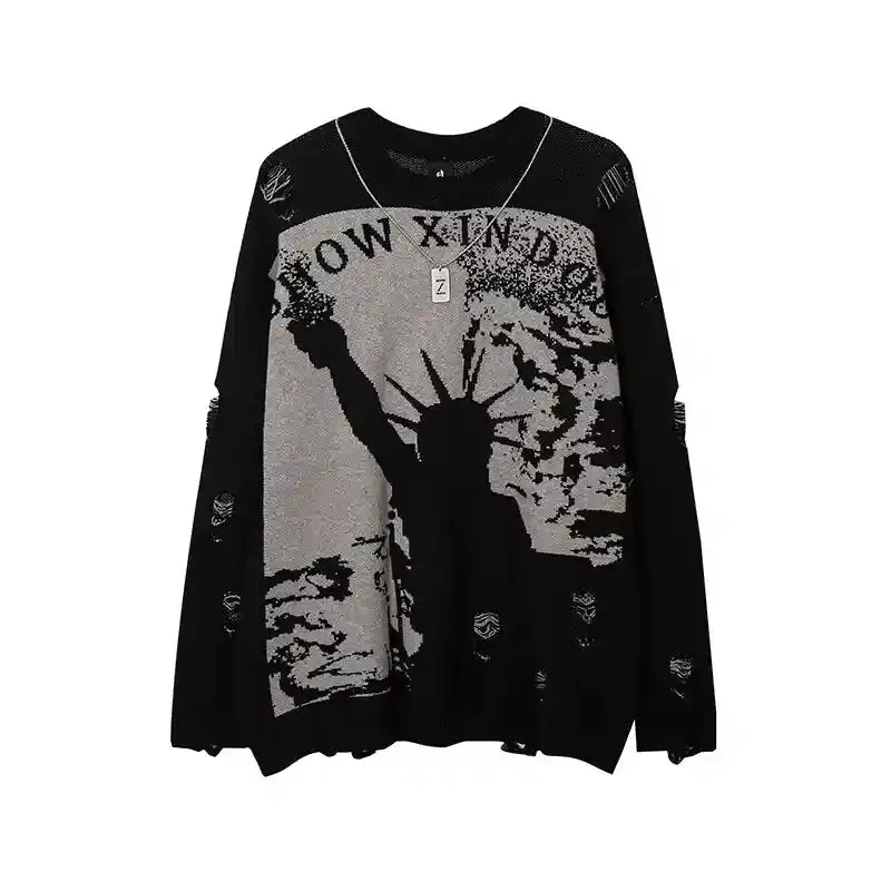 Priest Salvation Print Knitted Sweaters with Destroyed Holes