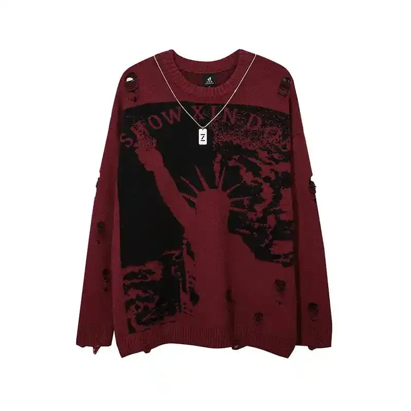 Priest Salvation Print Knitted Sweaters with Destroyed Holes