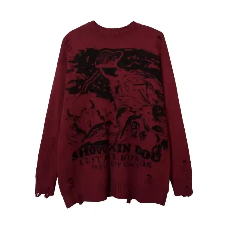 Priest Salvation Print Knitted Sweaters with Destroyed Holes