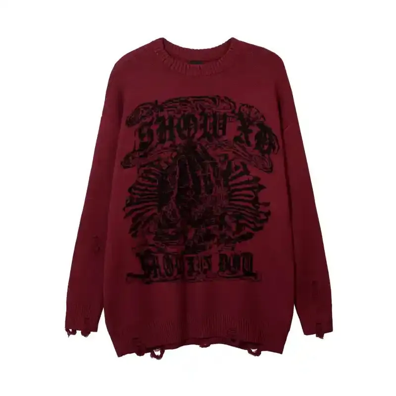 Priest Salvation Print Knitted Sweaters with Destroyed Holes