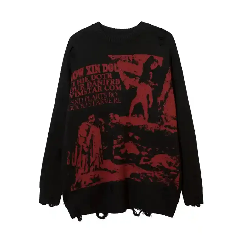 Priest Salvation Print Knitted Sweaters with Destroyed Holes