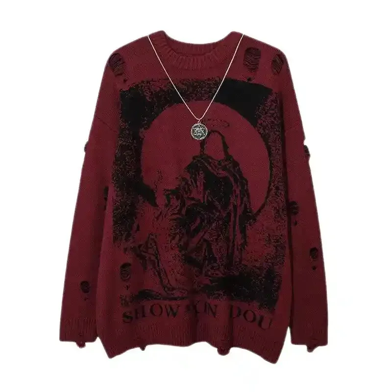 Priest Salvation Print Knitted Sweaters with Destroyed Holes
