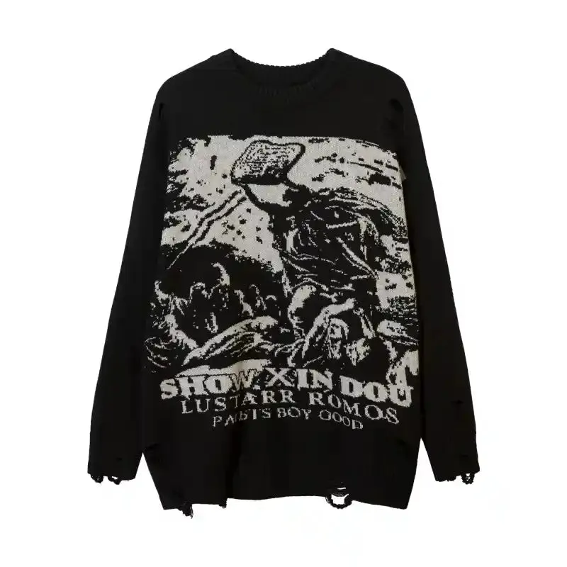 Priest Salvation Print Knitted Sweaters with Destroyed Holes