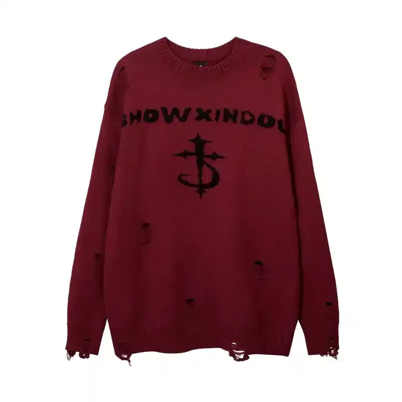 Priest Salvation Print Knitted Sweaters with Destroyed Holes