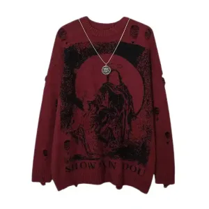 Priest Salvation Print Knitted Sweaters with Destroyed Holes