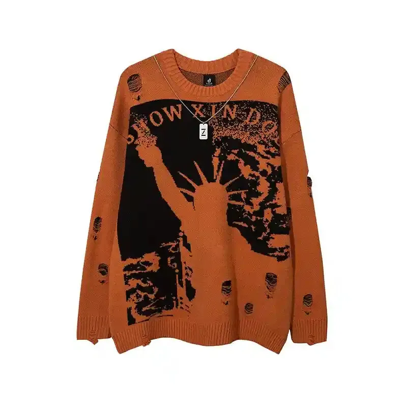 Priest Salvation Print Knitted Sweaters with Destroyed Holes