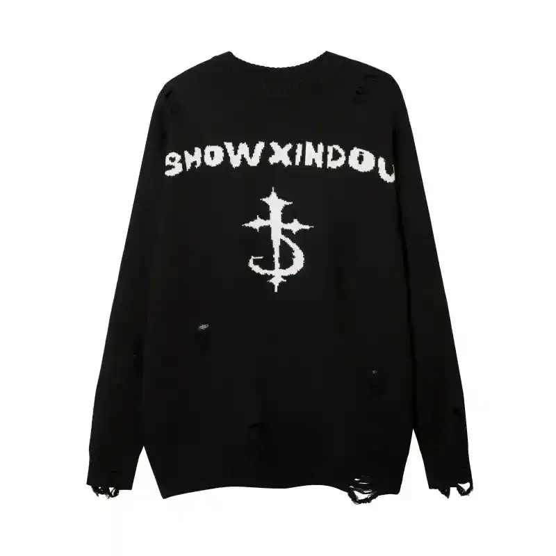 Priest Salvation Print Knitted Sweaters with Destroyed Holes