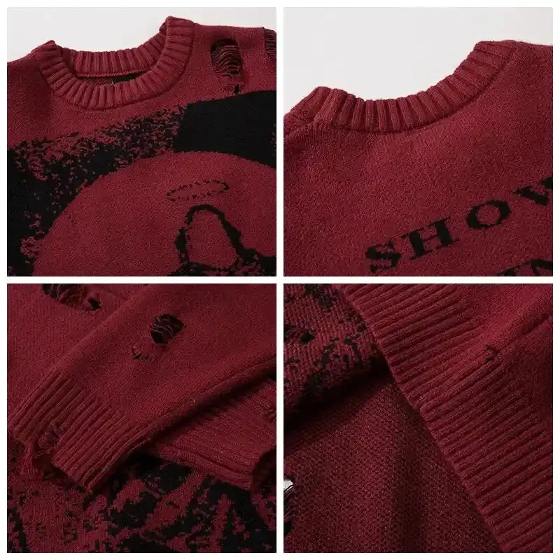 Priest Salvation Print Knitted Sweaters with Destroyed Holes