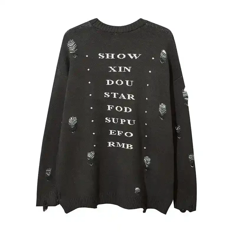 Priest Salvation Print Knitted Sweaters with Destroyed Holes