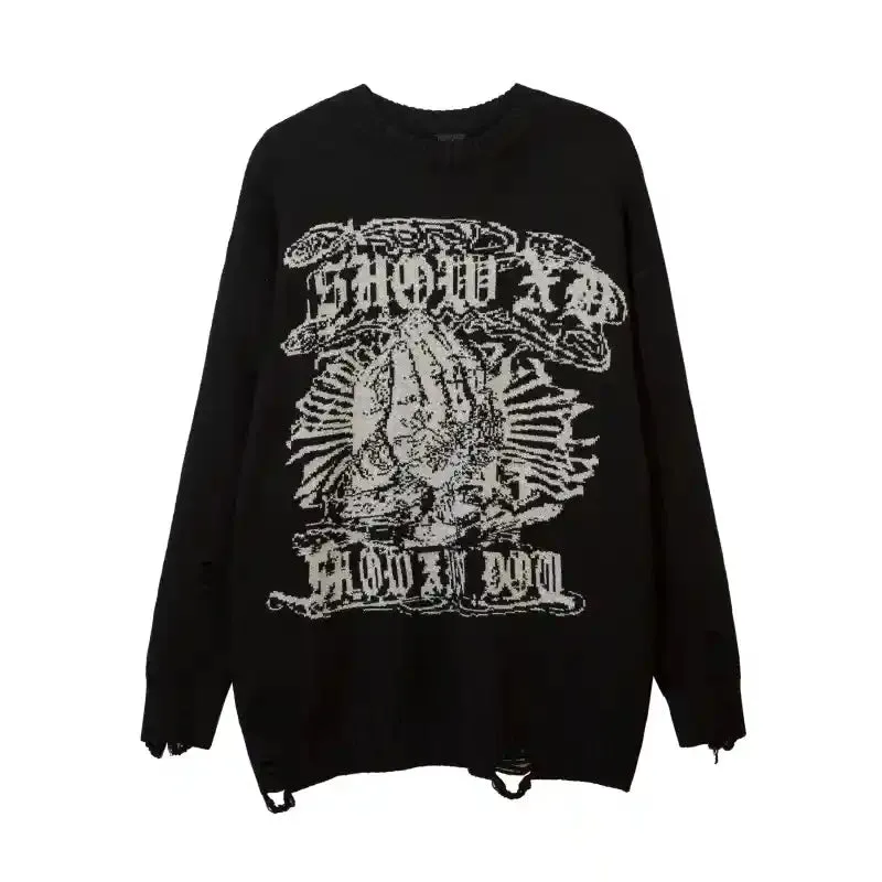 Priest Salvation Print Knitted Sweaters with Destroyed Holes