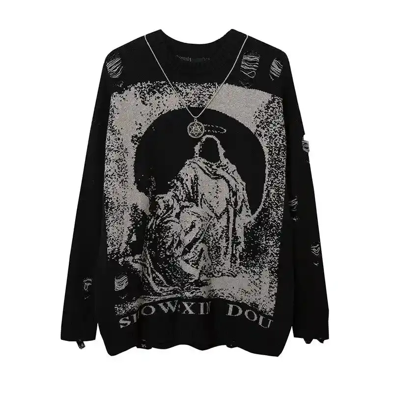 Priest Salvation Print Knitted Sweaters with Destroyed Holes
