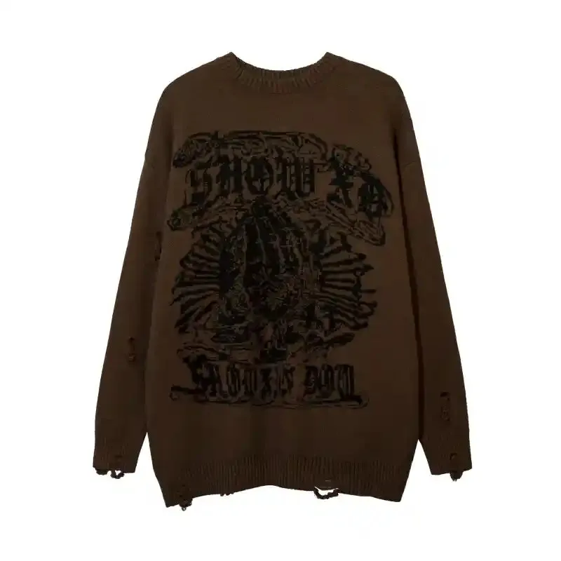 Priest Salvation Print Knitted Sweaters with Destroyed Holes