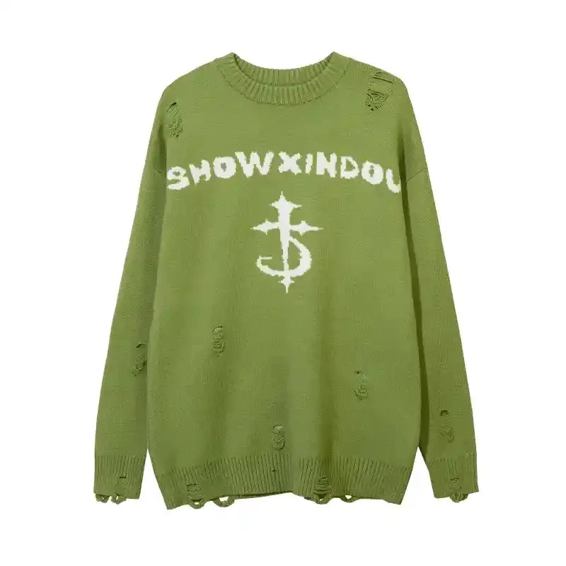 Priest Salvation Print Knitted Sweaters with Destroyed Holes