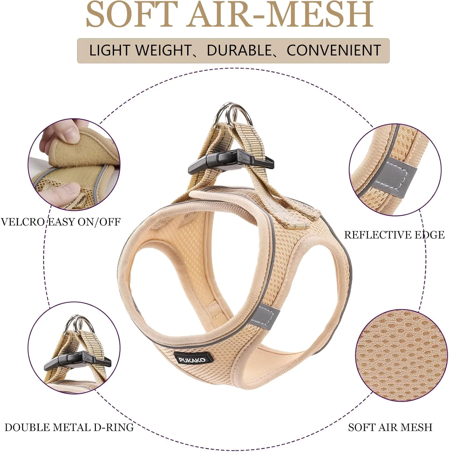 Puppy Harness and Leash Set Small Dog Step-in Harness with Soft Mesh and Reflective Bands Khaki