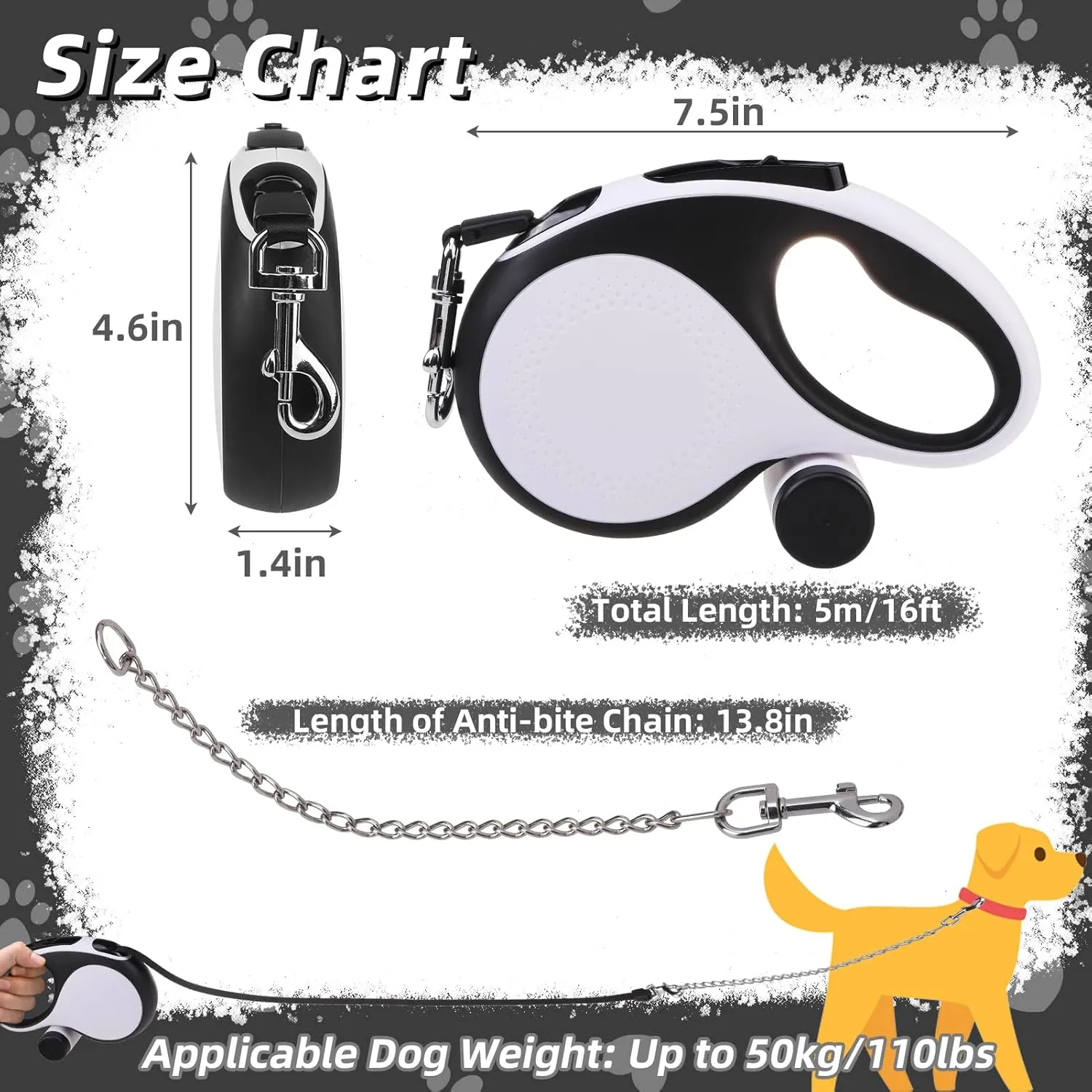 PUPTECK Retractable Dog Leash with Chew Proof Chain, 360Tangle-Free Pet Walking Leash for Small Medium Large Dogs, Heavy Duty up to 110lbs, 16ft Strong Nylon Leash, One-Hand Brake White