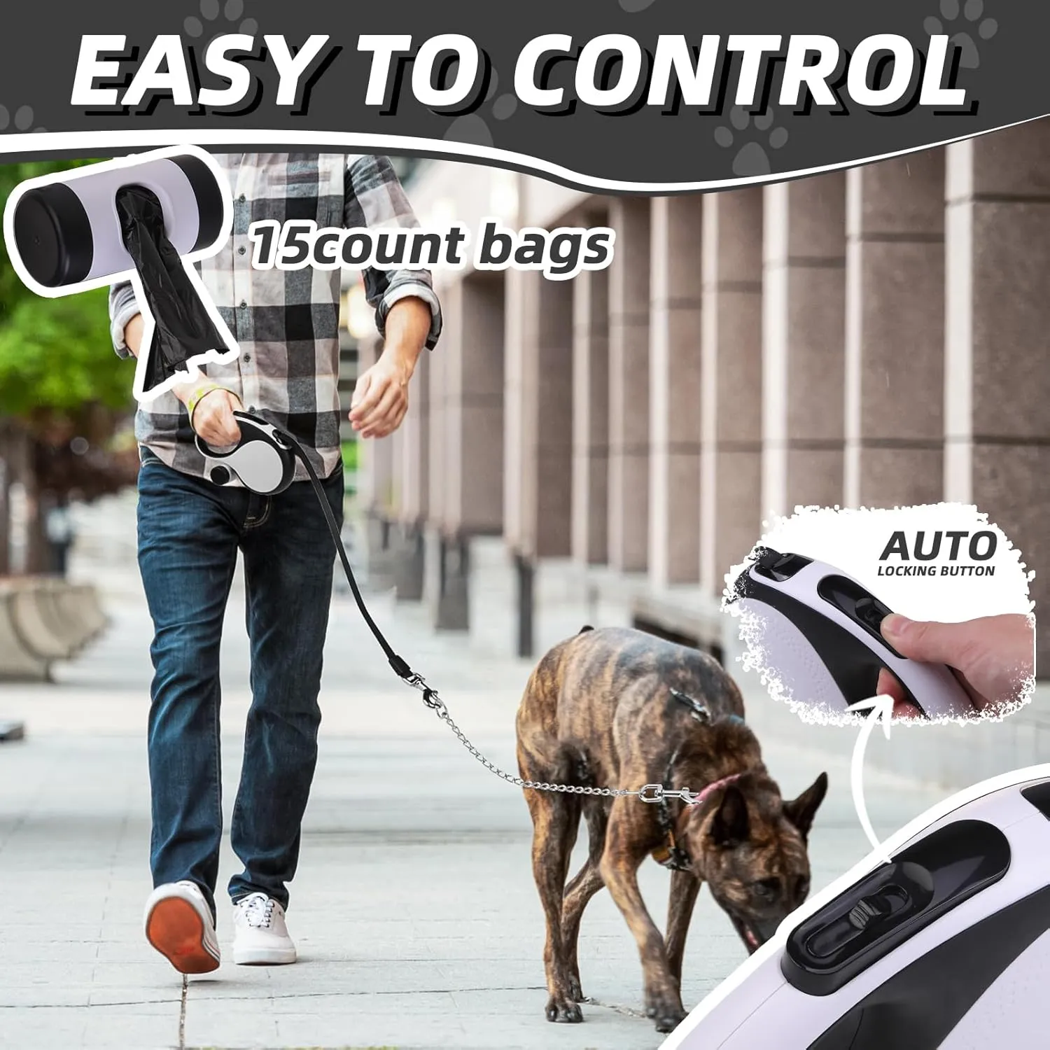 PUPTECK Retractable Dog Leash with Chew Proof Chain, 360Tangle-Free Pet Walking Leash for Small Medium Large Dogs, Heavy Duty up to 110lbs, 16ft Strong Nylon Leash, One-Hand Brake White