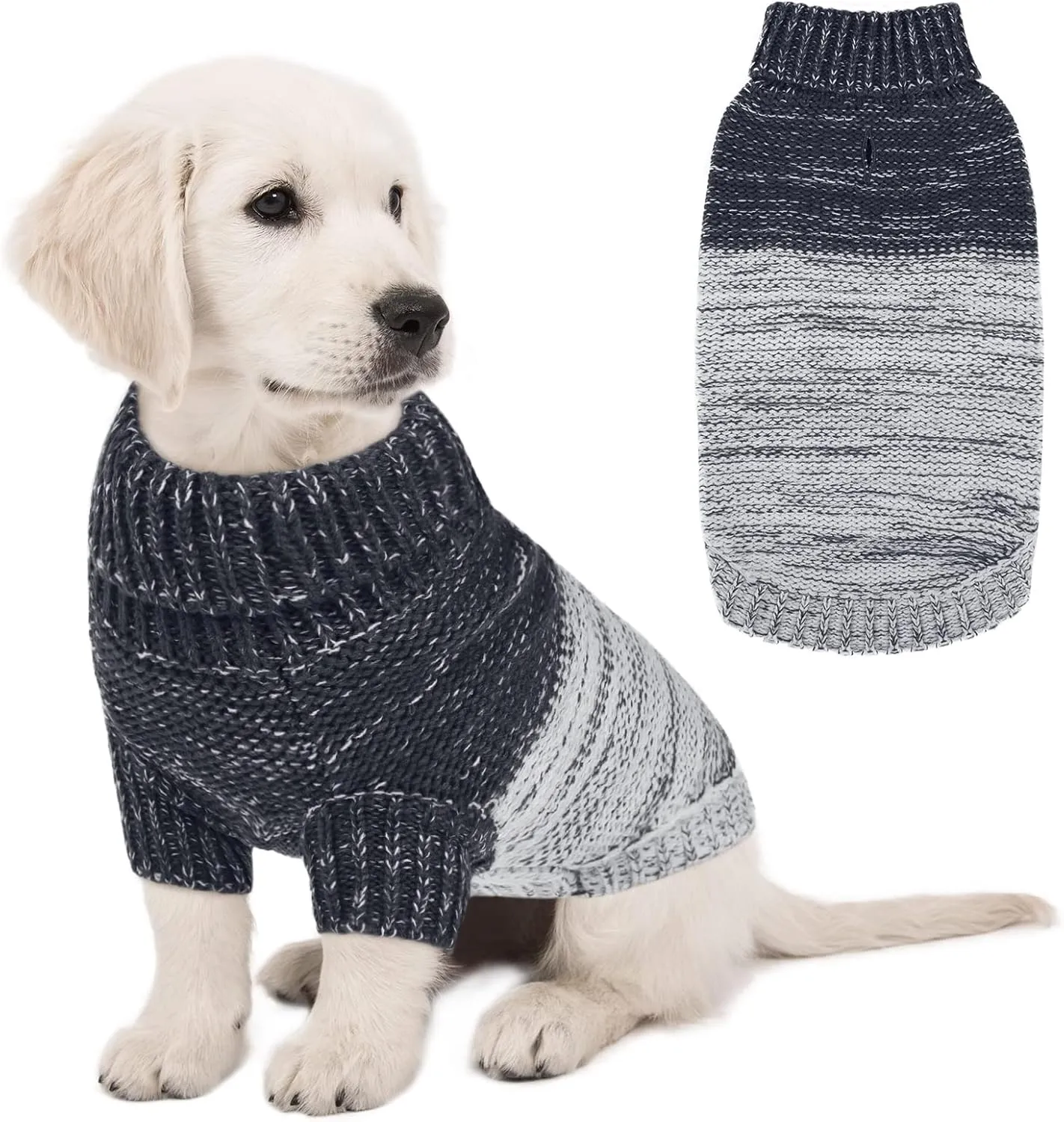 Queenmore Knitted Pullover Dog Sweater, Turtleneck Pet Cat Sweater, Cold Weather Puppy Clothes Stitching Knitwear with Leash Hole for Small Medium DogsDark Blue,S