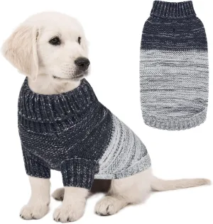 Queenmore Knitted Pullover Dog Sweater, Turtleneck Pet Cat Sweater, Cold Weather Puppy Clothes Stitching Knitwear with Leash Hole for Small Medium DogsDark Blue,S