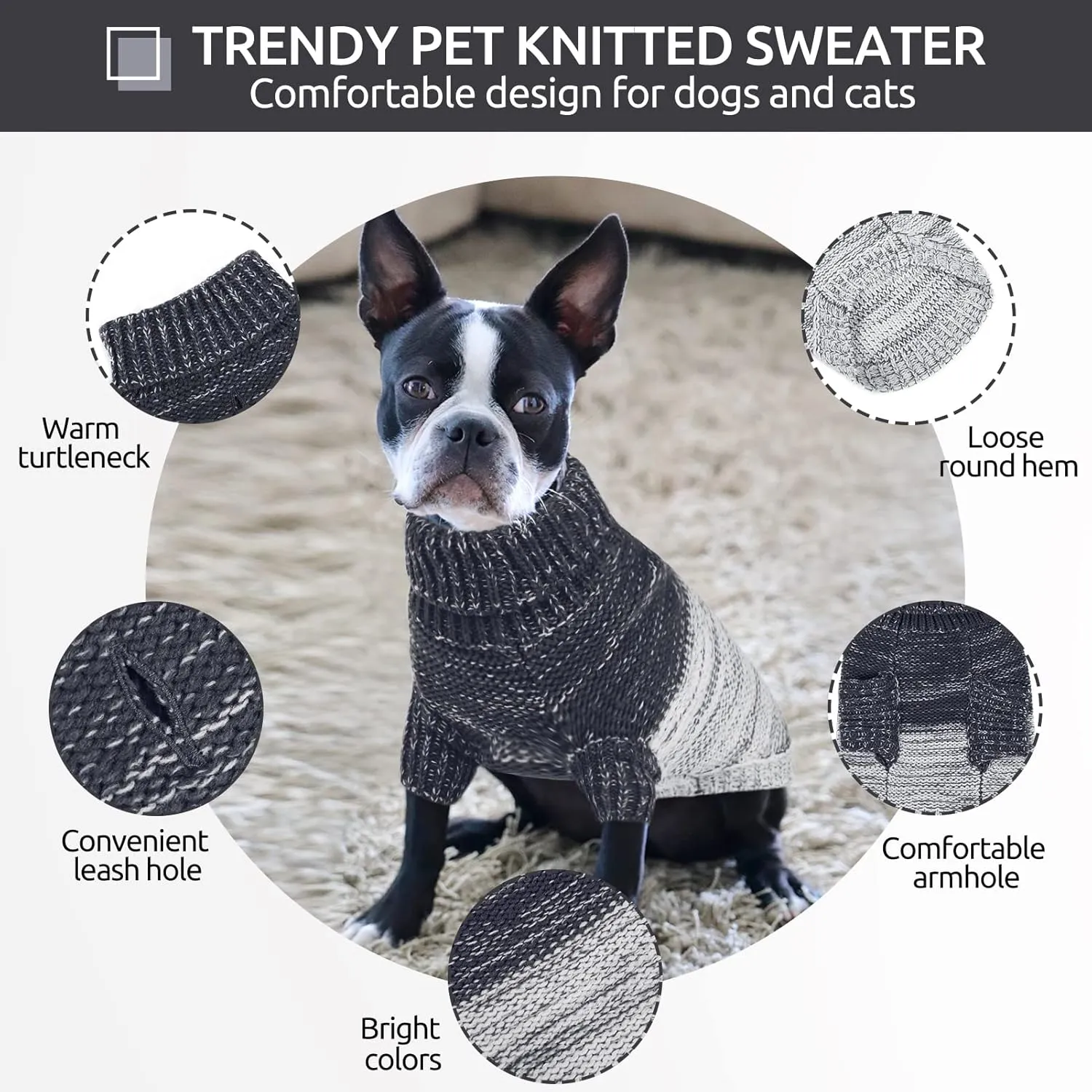 Queenmore Knitted Pullover Dog Sweater, Turtleneck Pet Cat Sweater, Cold Weather Puppy Clothes Stitching Knitwear with Leash Hole for Small Medium DogsDark Blue,S