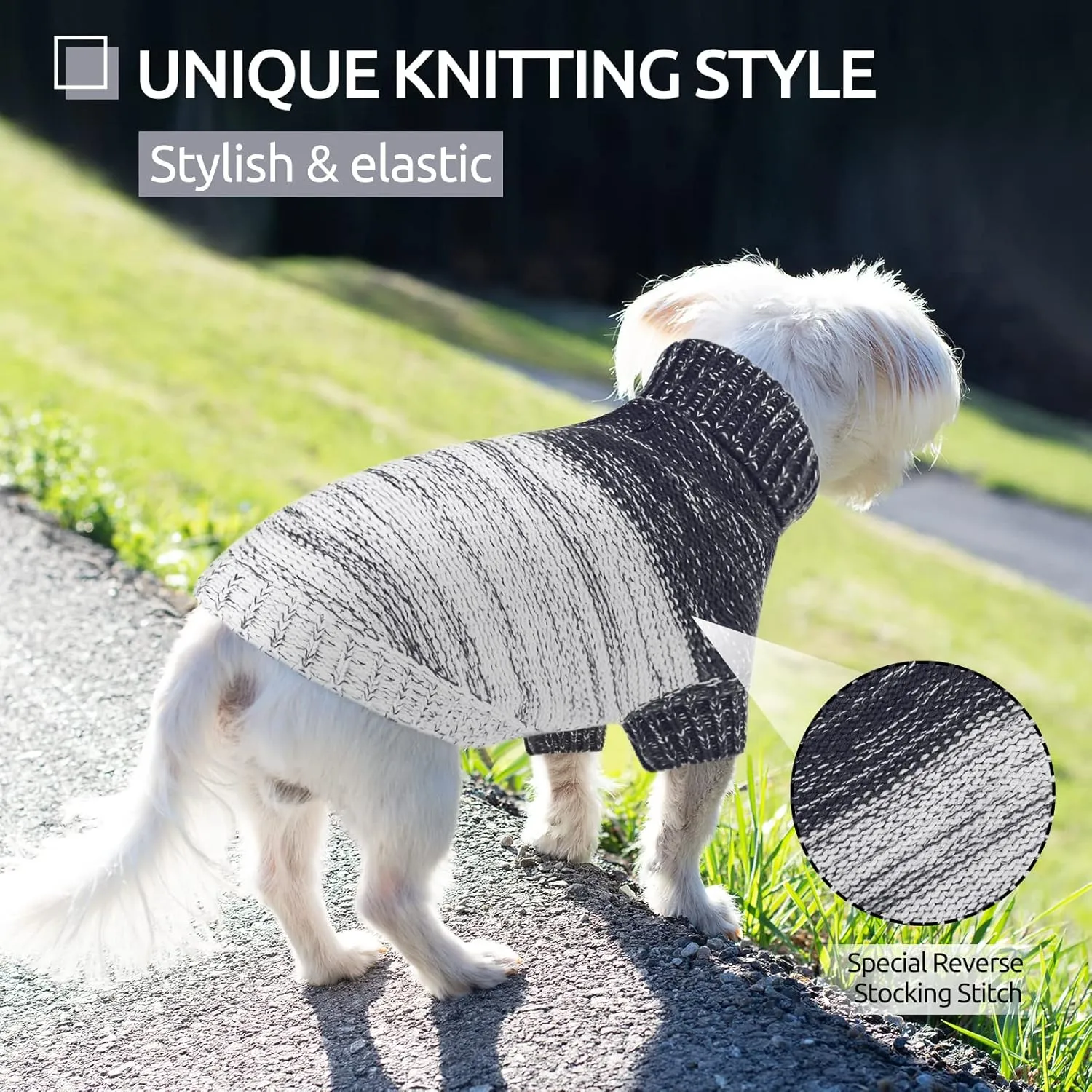 Queenmore Knitted Pullover Dog Sweater, Turtleneck Pet Cat Sweater, Cold Weather Puppy Clothes Stitching Knitwear with Leash Hole for Small Medium DogsDark Blue,S