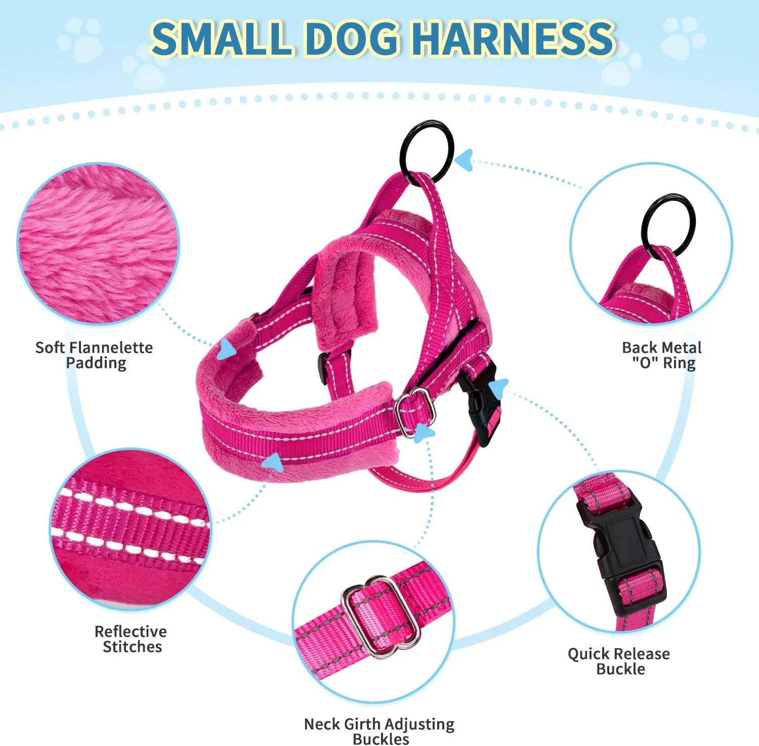 SlowTon No Pull Small Dog Harness and Leash Set, Puppy Soft Vest Harness Neck & Chest Adjustable, Reflective Lightweight Harness & Anti-Twist Pet Lead Combo for Small Medium Dogs (Fuchsia, XXS)
