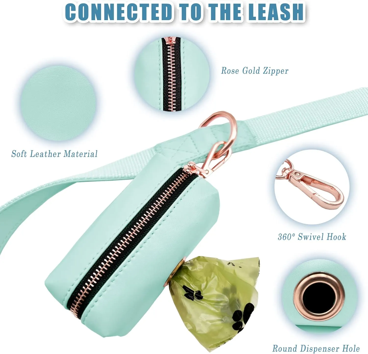 Soft Leather Dog Collar and Leash (6.6') Set - Stylish Rose Gold Heavy Duty Metal Buckle, 4 Adjustable Lengths Leash for Small Medium Large Dogs - Comfortable & Easy to Clean mintgreen Poop Bag Holder