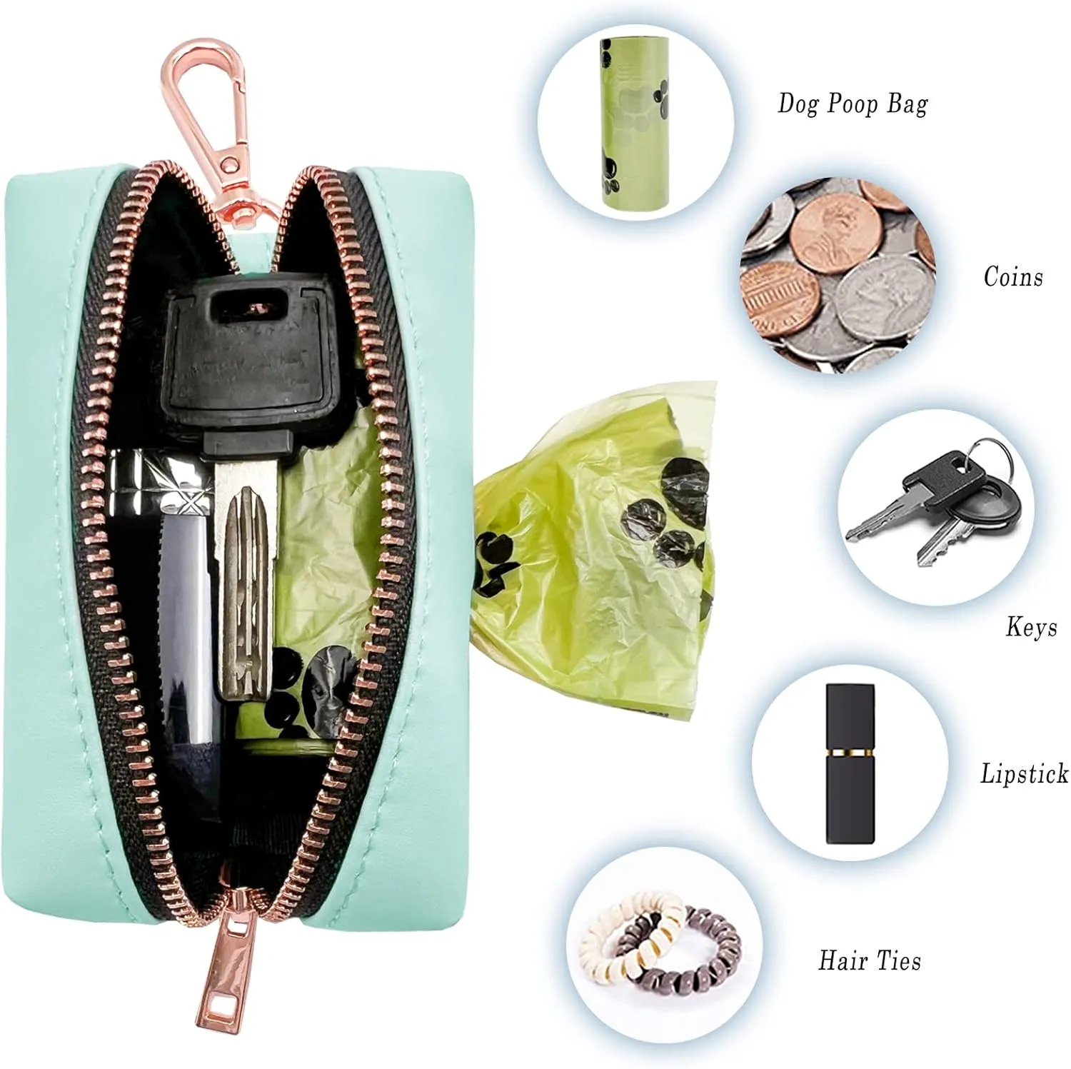 Soft Leather Dog Collar and Leash (6.6') Set - Stylish Rose Gold Heavy Duty Metal Buckle, 4 Adjustable Lengths Leash for Small Medium Large Dogs - Comfortable & Easy to Clean mintgreen Poop Bag Holder