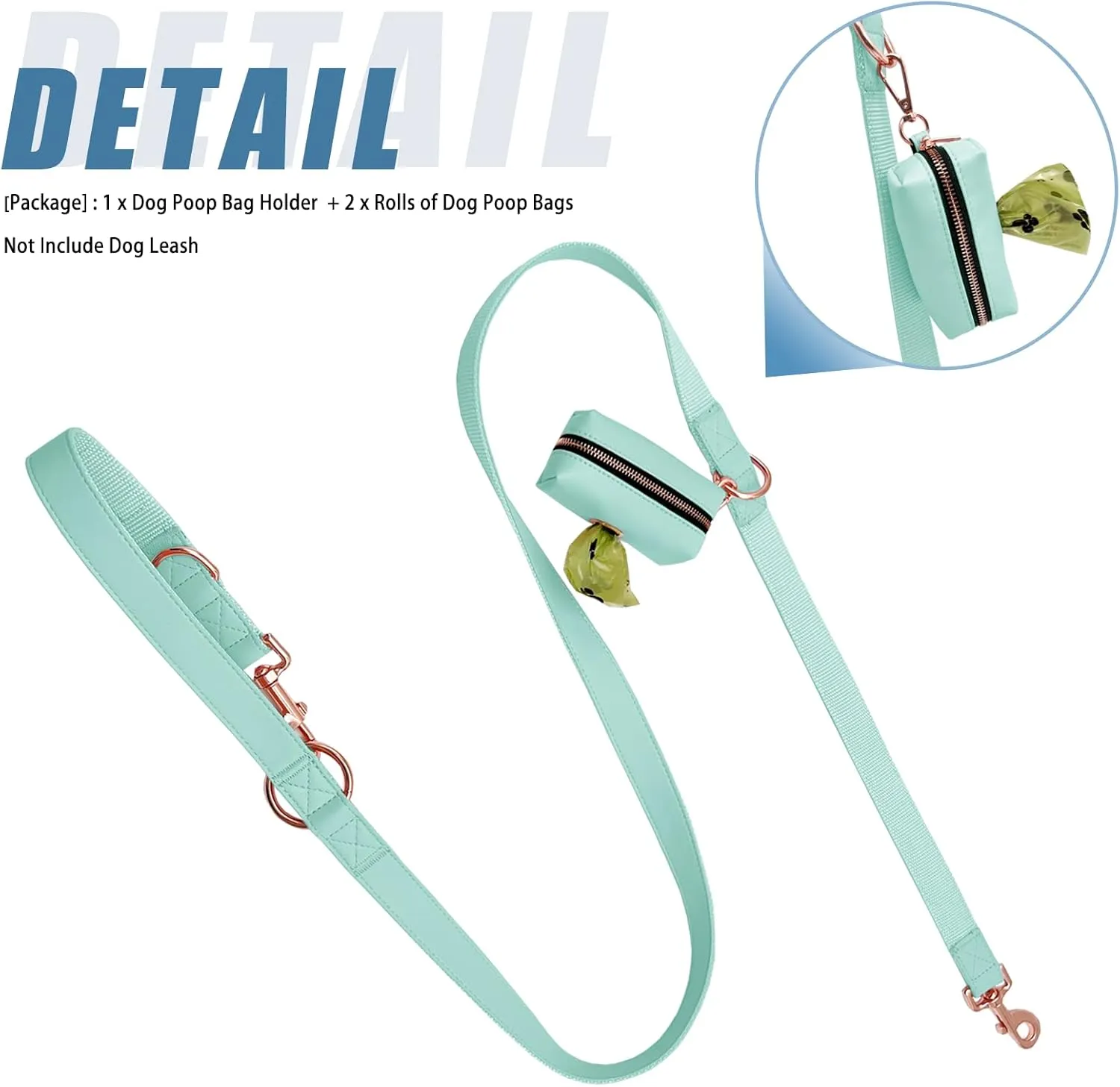 Soft Leather Dog Collar and Leash (6.6') Set - Stylish Rose Gold Heavy Duty Metal Buckle, 4 Adjustable Lengths Leash for Small Medium Large Dogs - Comfortable & Easy to Clean mintgreen Poop Bag Holder