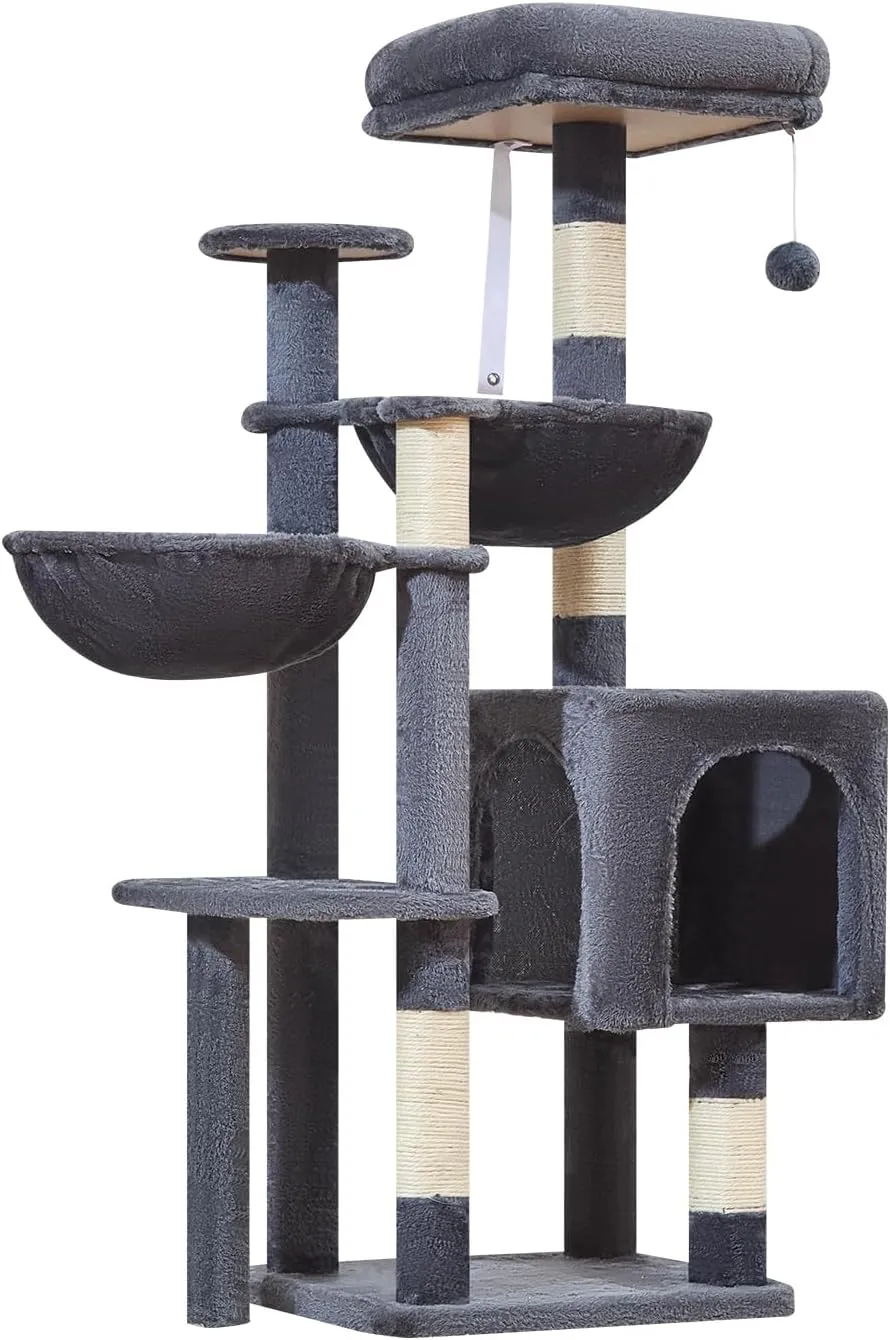 Taoqimiao Cat Tree, 48-Inch Cat Tower for Kittens, Cat Tree Tower with 5 Scratching Posts, Plush Cat Condo with Plush Perch, 2 Hammock, Pompoms, Smoky Gray MS019L-G