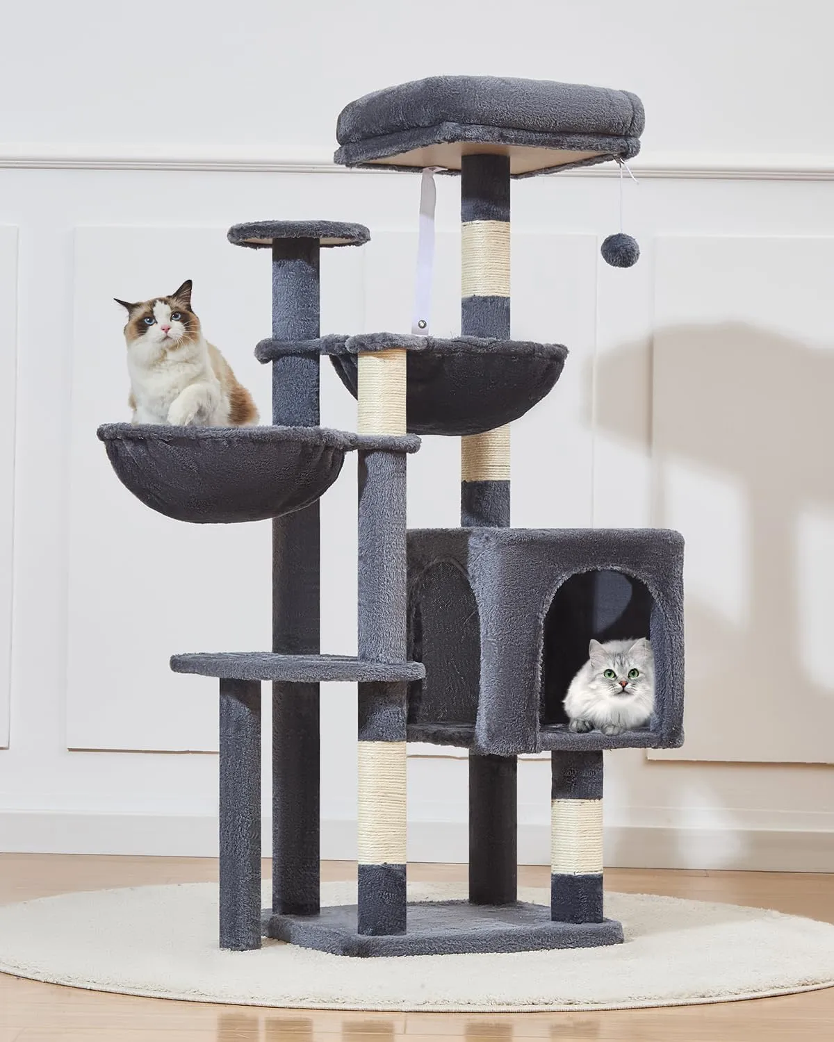 Taoqimiao Cat Tree, 48-Inch Cat Tower for Kittens, Cat Tree Tower with 5 Scratching Posts, Plush Cat Condo with Plush Perch, 2 Hammock, Pompoms, Smoky Gray MS019L-G