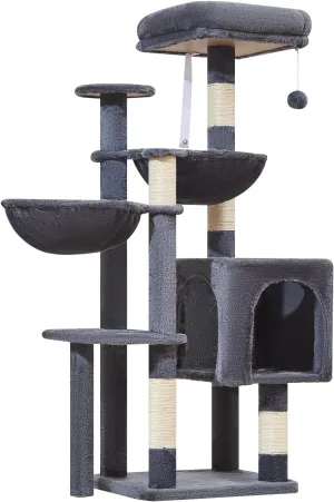 Taoqimiao Cat Tree, 48-Inch Cat Tower for Kittens, Cat Tree Tower with 5 Scratching Posts, Plush Cat Condo with Plush Perch, 2 Hammock, Pompoms, Smoky Gray MS019L-G