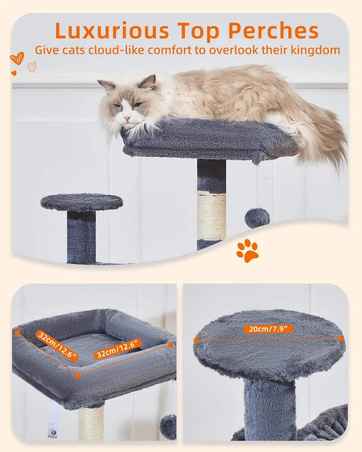 Taoqimiao Cat Tree, 48-Inch Cat Tower for Kittens, Cat Tree Tower with 5 Scratching Posts, Plush Cat Condo with Plush Perch, 2 Hammock, Pompoms, Smoky Gray MS019L-G