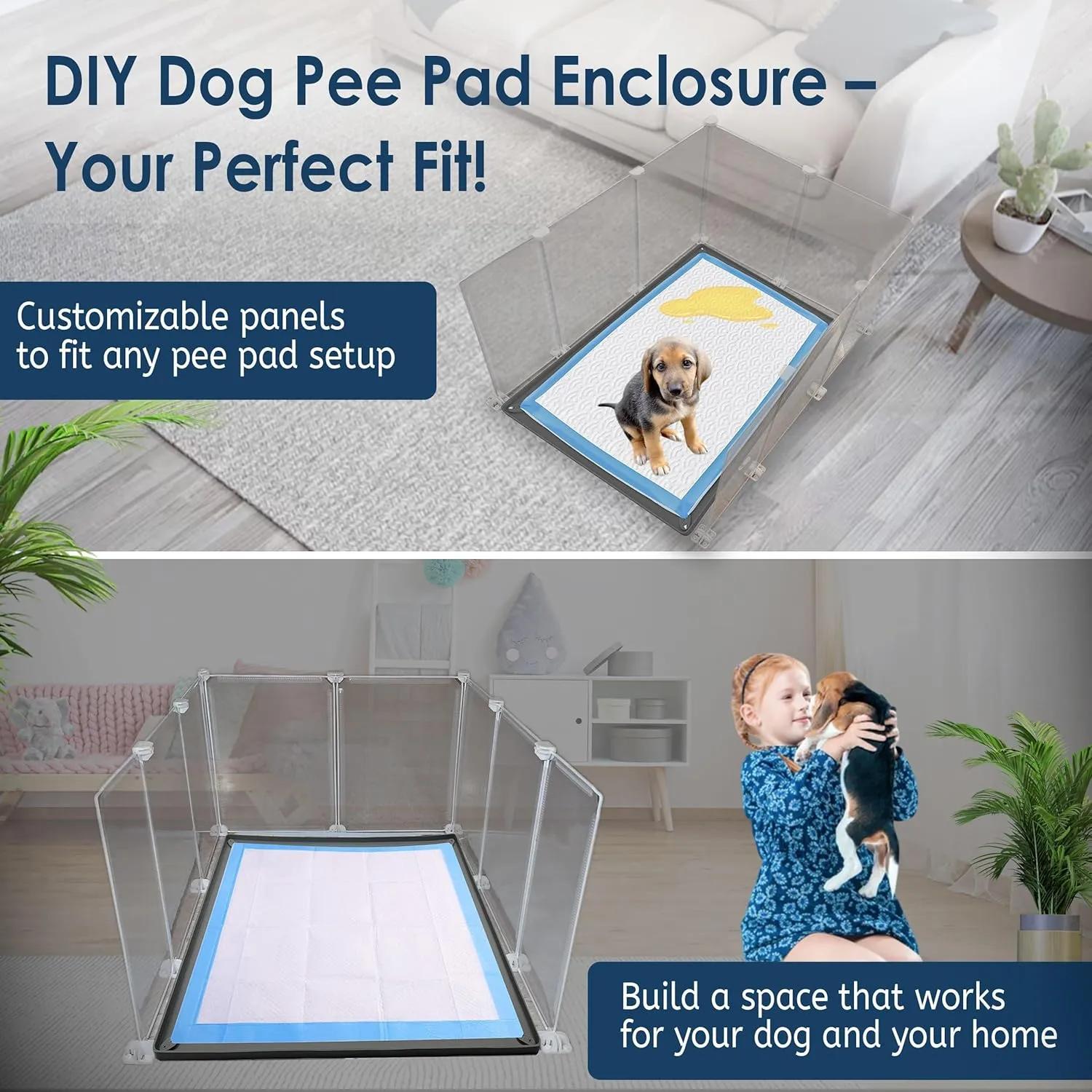TidyFriend Litter Box Splash Guard 24 x 32, Small Dog Litter Box Shield Guard with Pee Pad Holder Tray 30" x 23, Easy to Clean, Indoor (White Enclosure with Grey PeePad Tray)