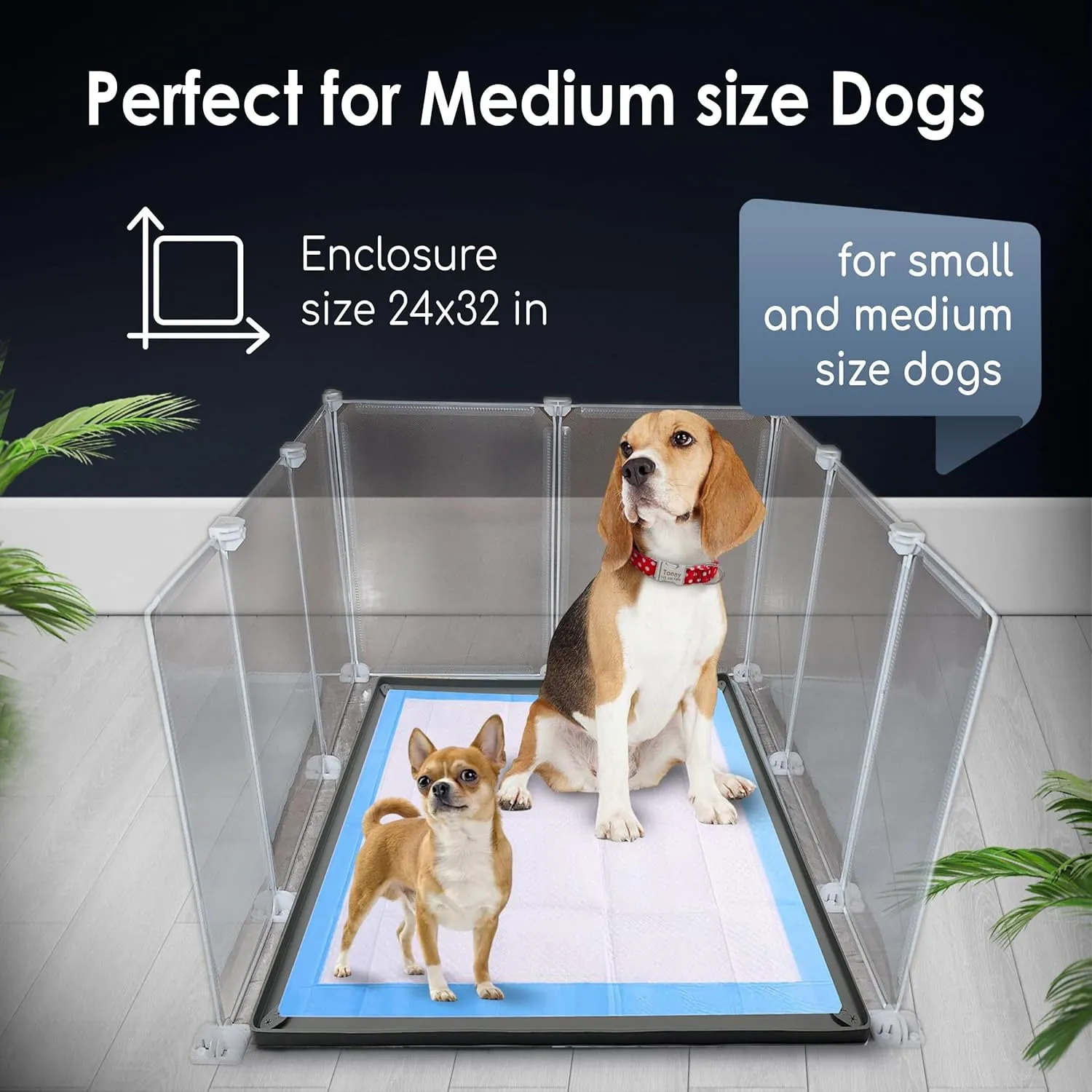 TidyFriend Litter Box Splash Guard 24 x 32, Small Dog Litter Box Shield Guard with Pee Pad Holder Tray 30" x 23, Easy to Clean, Indoor (White Enclosure with Grey PeePad Tray)