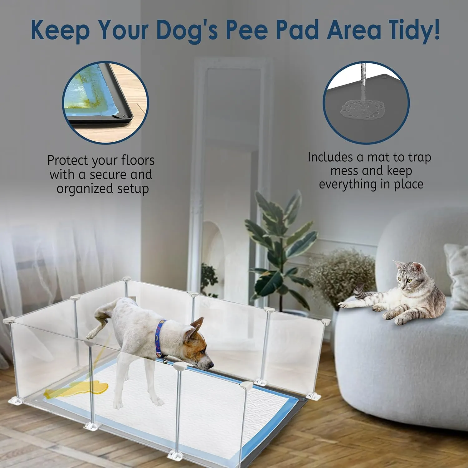 TidyFriend Litter Box Splash Guard 24 x 32, Small Dog Litter Box Shield Guard with Pee Pad Holder Tray 30" x 23, Easy to Clean, Indoor (White Enclosure with Grey PeePad Tray)