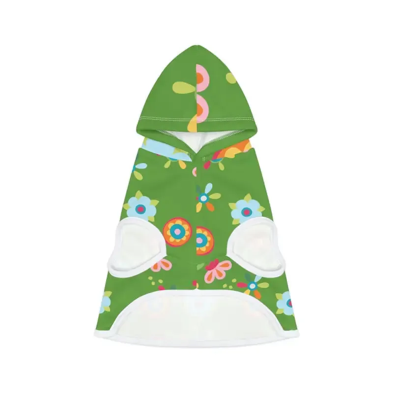 Vibrant Floral Green Dog Hoodie with White Rib Color