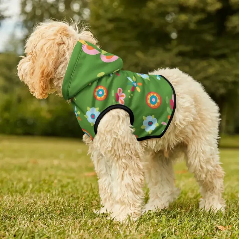 Vibrant Floral Green Dog Hoodie with White Rib Color