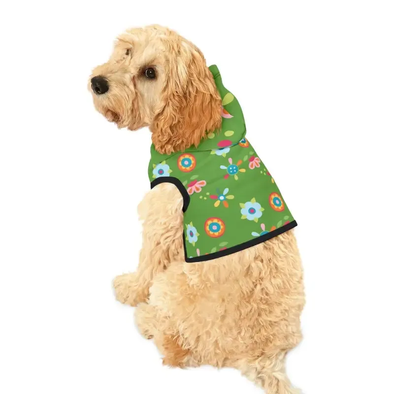 Vibrant Floral Green Dog Hoodie with White Rib Color