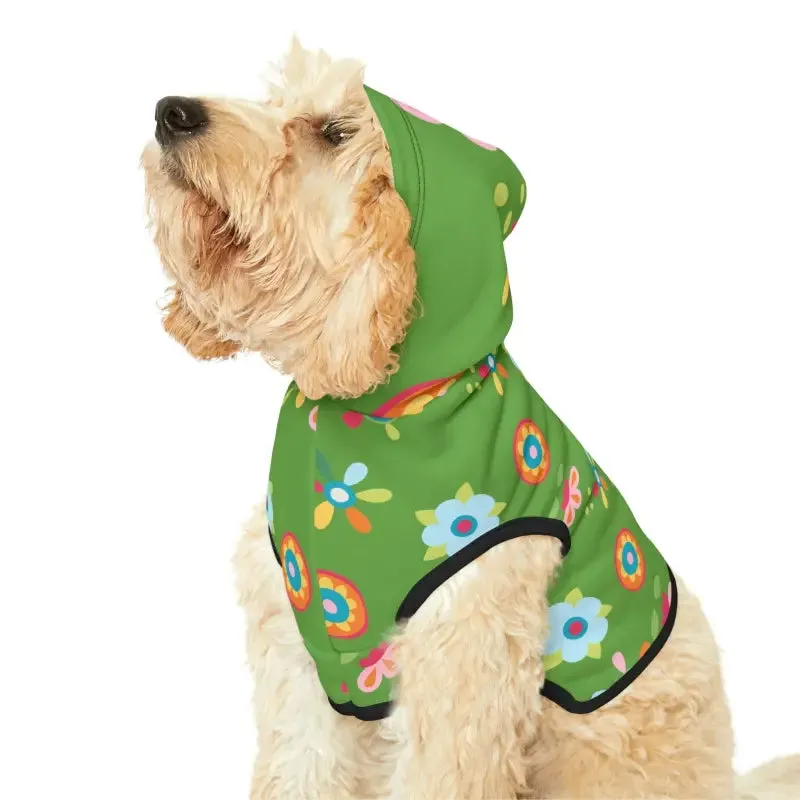 Vibrant Floral Green Dog Hoodie with White Rib Color
