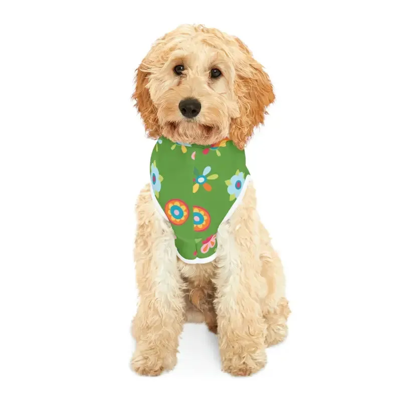 Vibrant Floral Green Dog Hoodie with White Rib Color