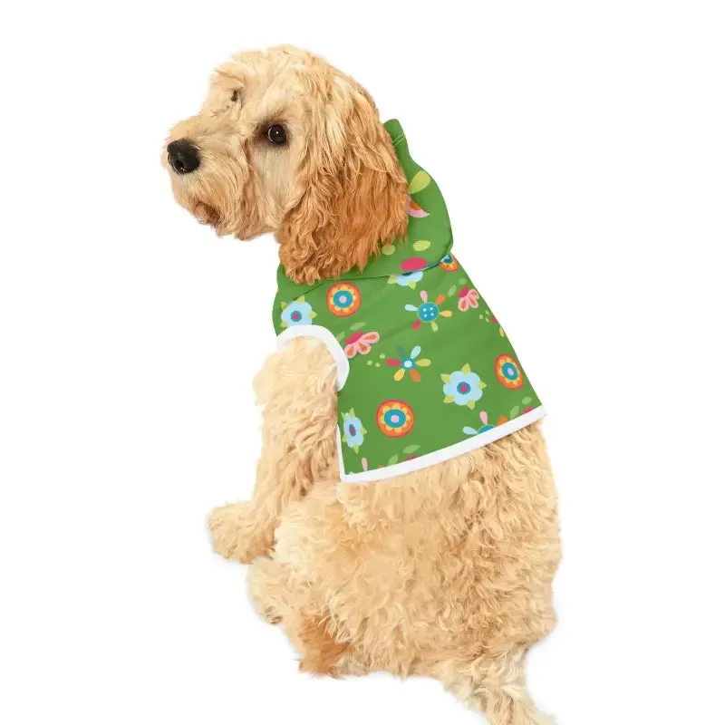 Vibrant Floral Green Dog Hoodie with White Rib Color
