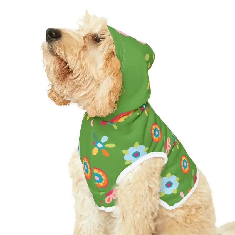 Vibrant Floral Green Dog Hoodie with White Rib Color