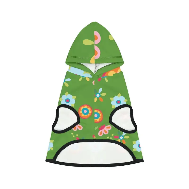 Vibrant Floral Green Dog Hoodie with White Rib Color