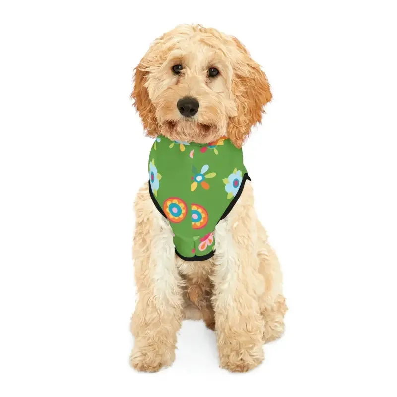 Vibrant Floral Green Dog Hoodie with White Rib Color