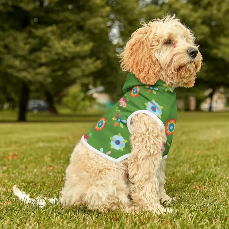 Vibrant Floral Green Dog Hoodie with White Rib Color